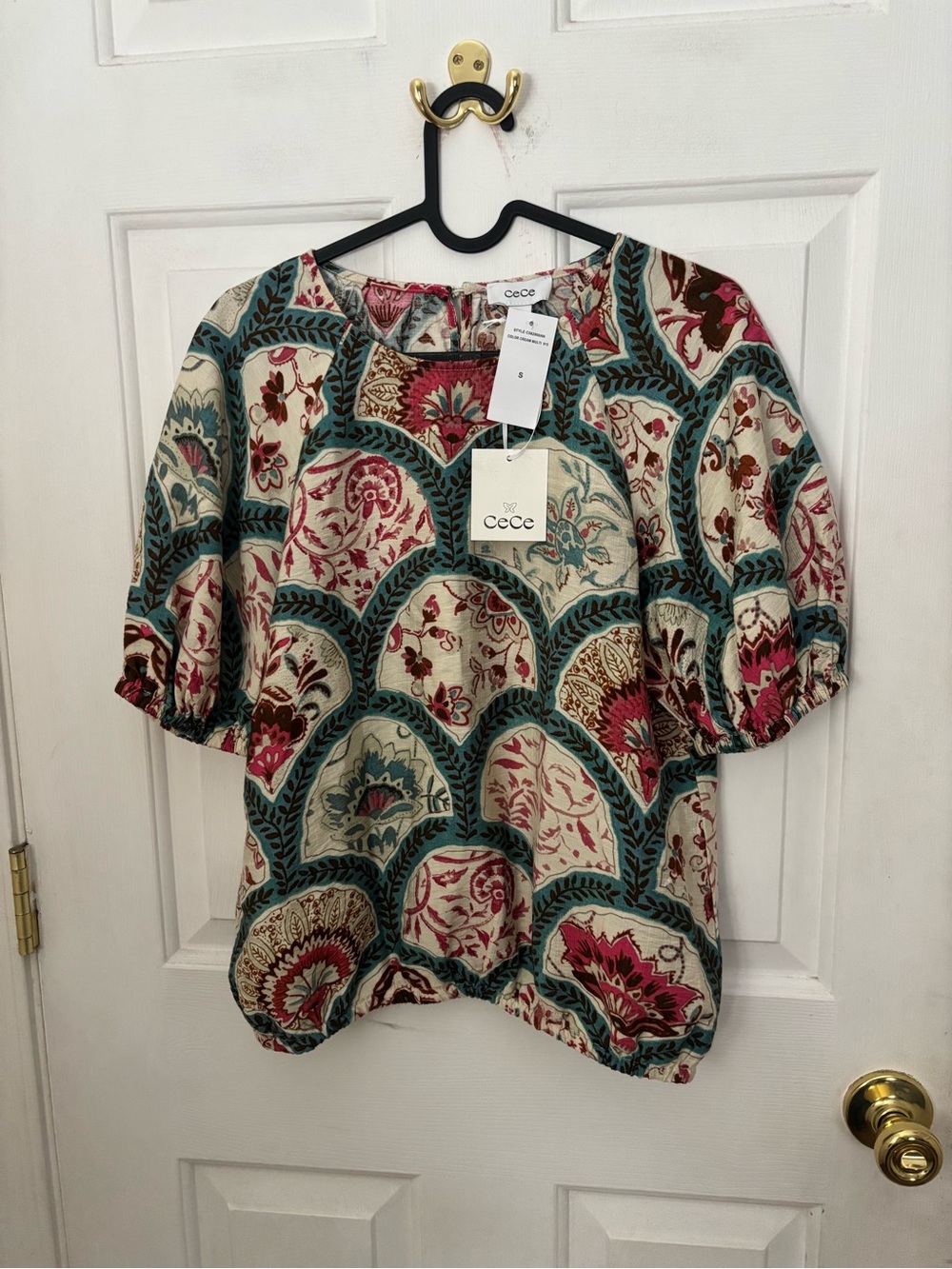 CeCe Teal, Cream & Pink Floral Puff-Sleeve Blouse
